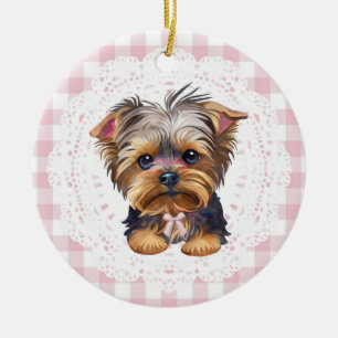 Coquette Yorkshire Terrier Dog Pink Gingham Bows Ceramic Ornament