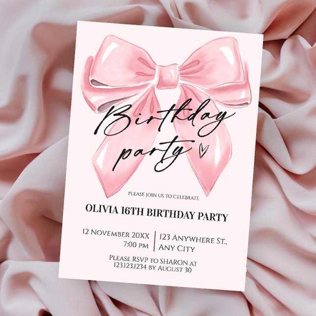 Coquettish Bow Pink Birthday Invitation (Creator Uploaded)