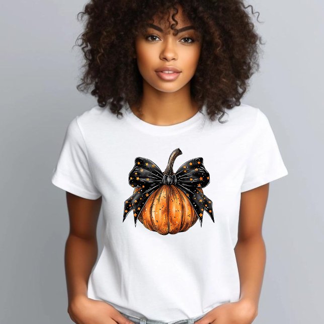 Coquettish Halloween Pumpkin Stars Black Bow T-Shirt (Creator Uploaded)