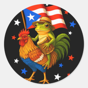 Coqui Frog Riding Chicken And Drum Boricua Flag Pu Classic Round Sticker