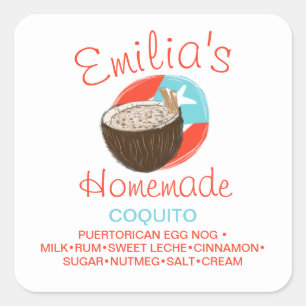 Coquito Recipe Drink Coconut Hand Drawn Colourful Square Sticker