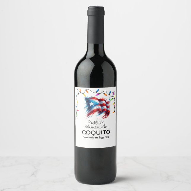 Coquito Recipe Egg Nog Christmas Lights Wine Label (Front)