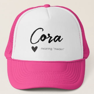 Cora Name Reveal Meaning Minimal Modern Black Text Trucker Hat