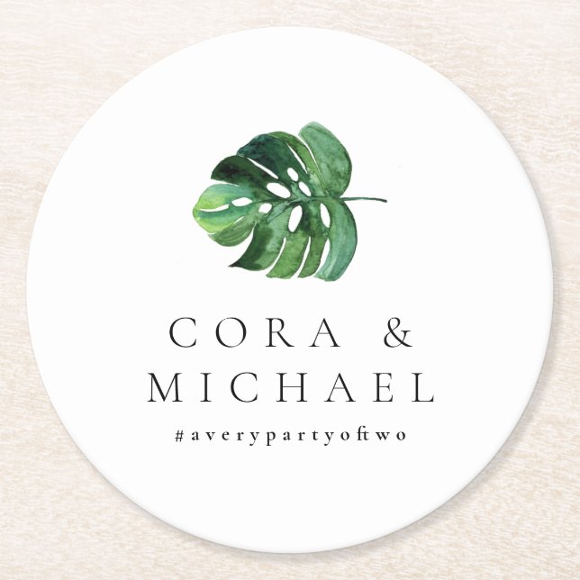 CORA Tropical Beach Palm Leaf  Destination Wedding Round Paper Coaster (Front)