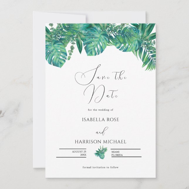 CORA Tropical Beach Palm Leaf Save the Date  Invitation (Front)