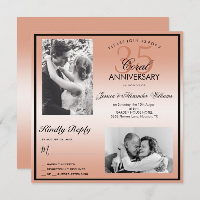 Coral 35th Wedding Anniversary Double Photo Invitation (Front/Back)