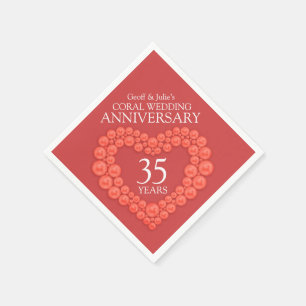 Coral 35th Wedding Anniversary heart named napkins