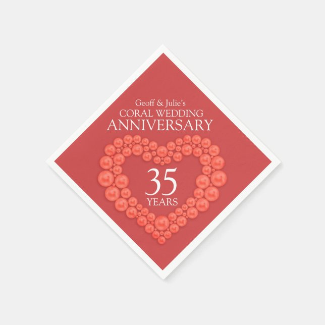 Coral 35th Wedding Anniversary heart named napkins (Corner)