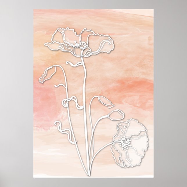Coral Abstract Watercolor and Poppies Poster (Front)