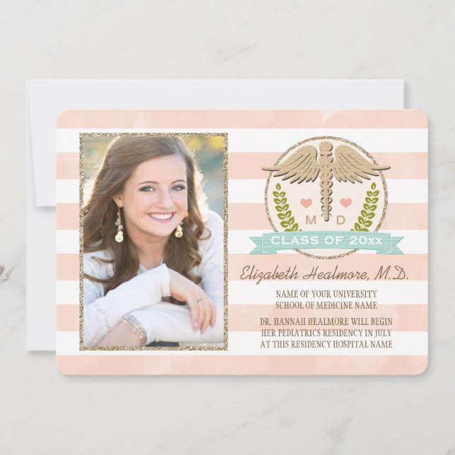 CORAL AND AQUA CADUCEUS MEDICAL SCHOOL GRADUATION INVITATION (Front)