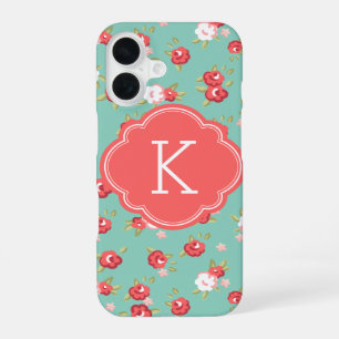 Coral and Aqua Chic Vintage Floral Print Monogram iPhone 16 Case