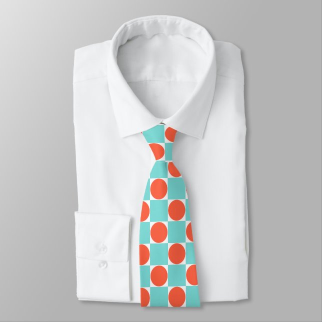 Coral and Aqua Circle Chequerboard Tie (Tied)