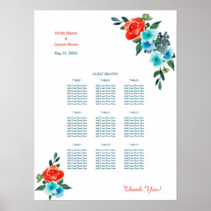 Coral and Aqua Floral Wedding Dinner Seating Chart