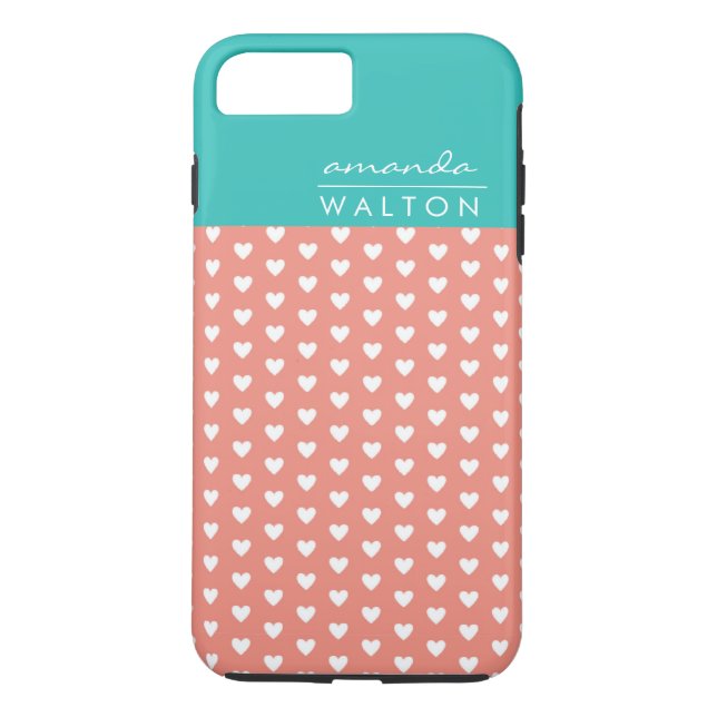 Coral and Aqua Hearts Pattern Custom Name Case-Mate iPhone Case (Back)