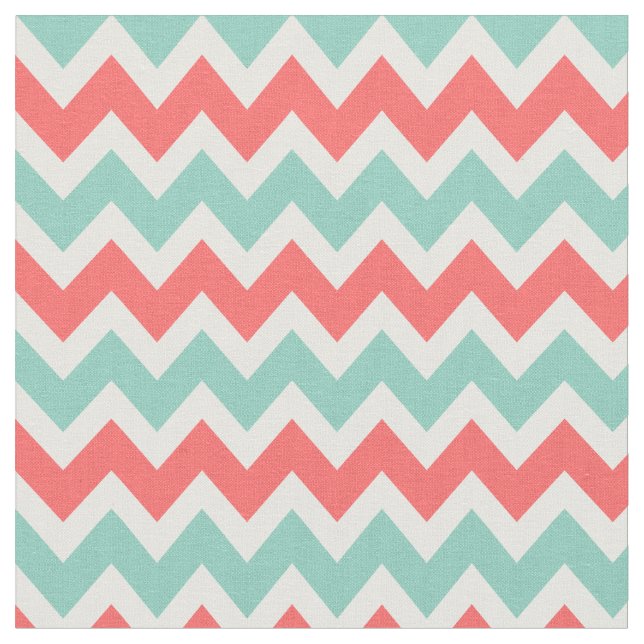 Coral and Aqua Modern Chevron Fabric (Close Up)
