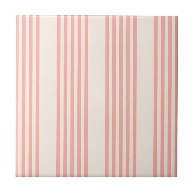 Coral and beige five stripe pattern ceramic tile (Front)