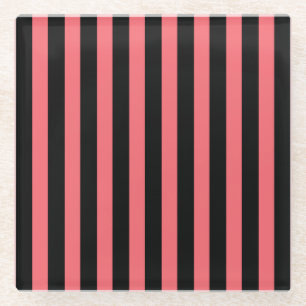 Coral and black candy stripes glass coaster