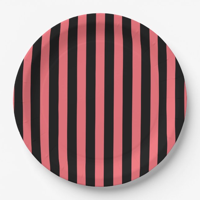 Coral and black candy stripes paper plate (Front)