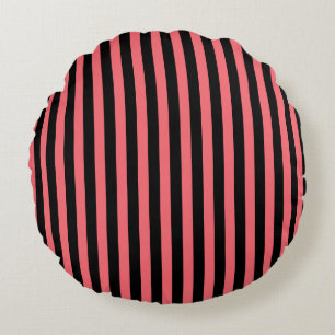 Coral and black candy stripes round cushion
