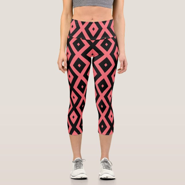 Coral and black diamond pattern capri leggings (Front)
