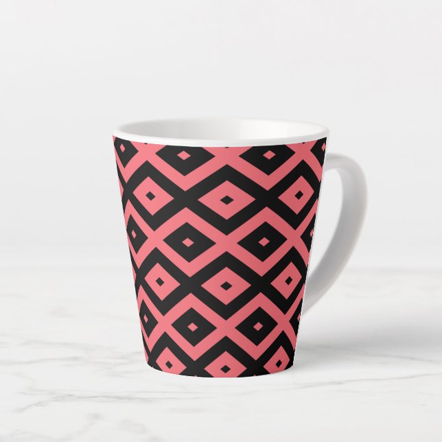 Coral and black diamond pattern latte mug (Right Angle)