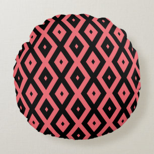 Coral and black diamond pattern round cushion