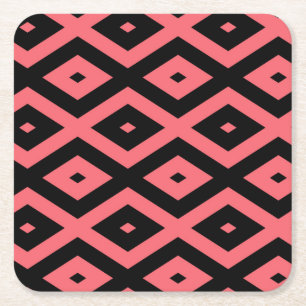 Coral and black diamond pattern square paper coaster