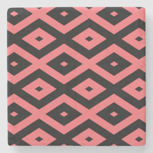 Coral and black diamond pattern stone coaster