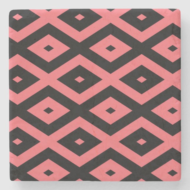 Coral and black diamond pattern stone coaster (Front)