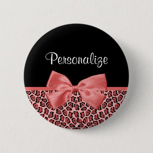 Coral and Black Jaguar Print Cute Bow With Name 6 Cm Round Badge