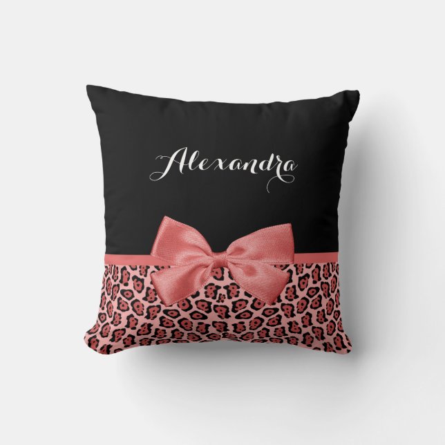 Coral and Black Jaguar Print Cute Bow With Name Cushion (Front)