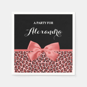 Coral and Black Jaguar Print Cute Bow With Name Napkin
