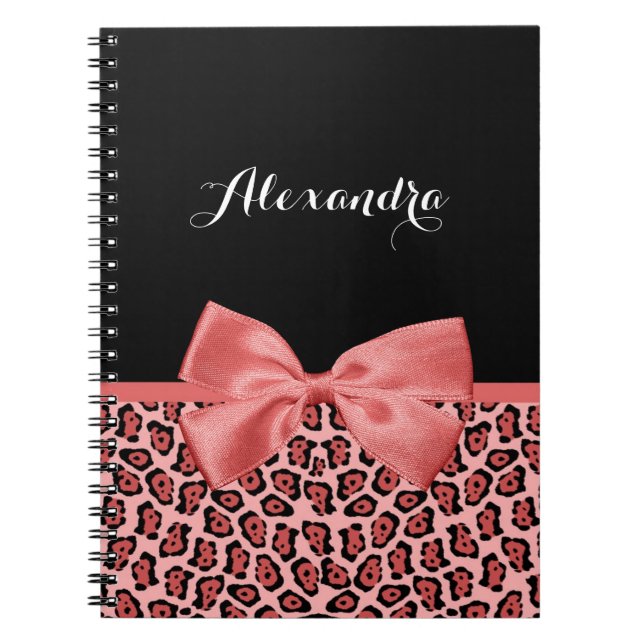 Coral and Black Jaguar Print Cute Bow With Name Notebook (Front)