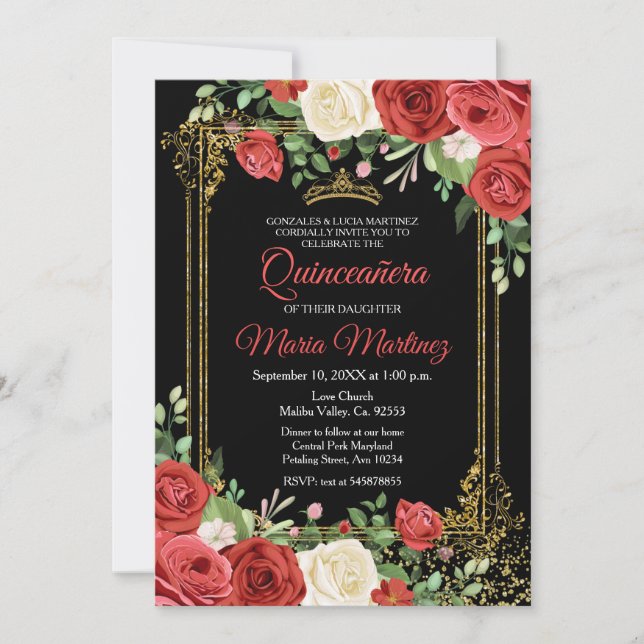 Coral and Black Quinceañera Floral Birthday  Invitation (Front)