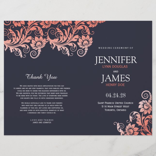 Coral and Blue Blooming Elegance Wedding Programs (Front)