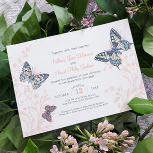 Coral and blue butterflies inked art wedding invitation