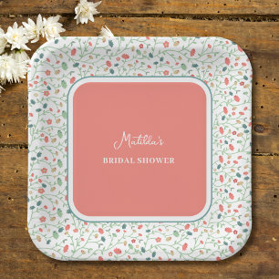 Coral and Blue Wildflowers BRIDAL SHOWER Paper Plate