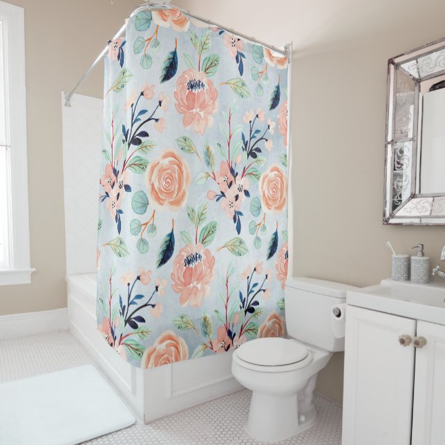 Coral and Blue Wildflowers Shower Curtain (In Situ)