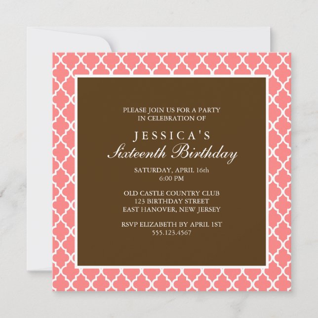 Coral and Brown Elegant Quatrefoil Birthday Invitation (Front)