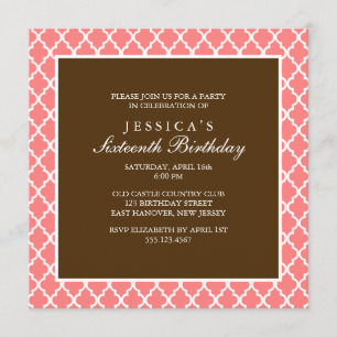 Coral and Brown Elegant Quatrefoil Birthday Invitation