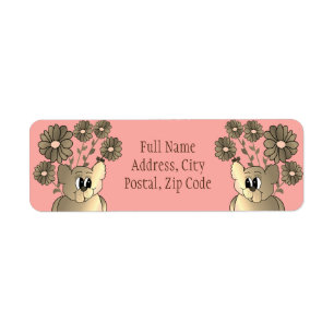 Coral and Brown Flowered Bear Return Address Label