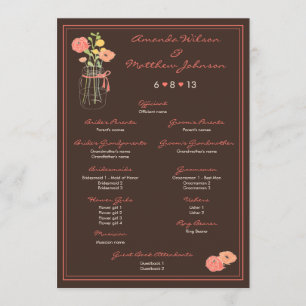 Coral and Brown Mason Jar Wedding Program