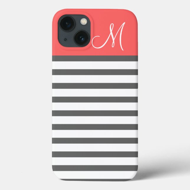 Coral and Charcoal Preppy Stripes Custom Monogram Case-Mate iPhone Case (Back)