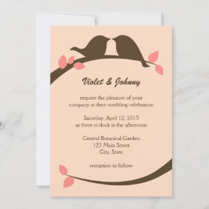 Coral and Chocolate Love Birds Wedding Invitations