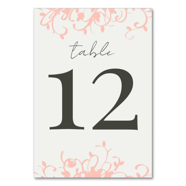 Coral and Cream Filigree Wedding Table Number (Front)