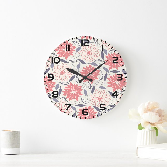 Coral and Cream Floral Pattern Vintage Dahlia  Large Clock (Creator Uploaded)
