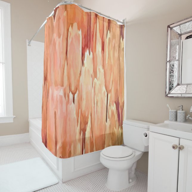 Coral and Desert Mist Tulips Artistic Abstract Shower Curtain (In Situ)