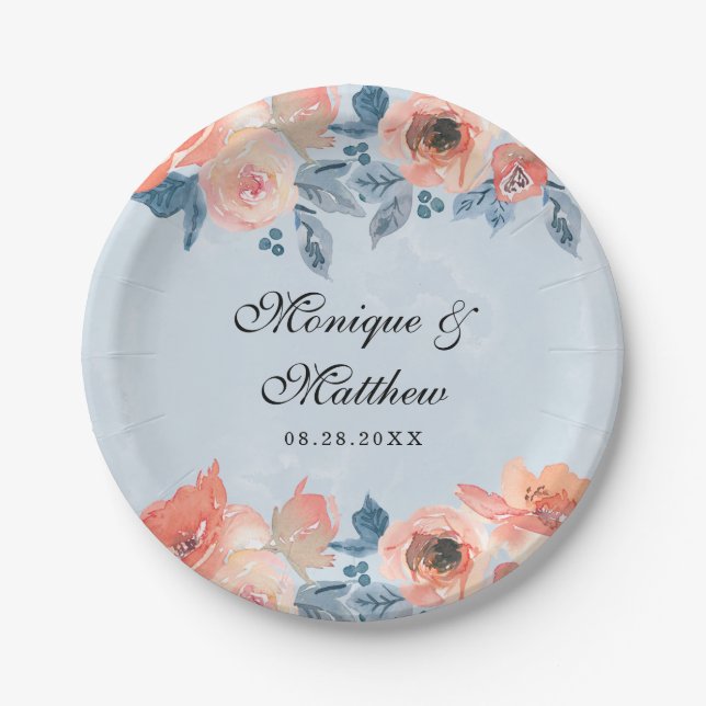 Coral and Dusty Blue Botanical Floral Wedding Paper Plate (Front)