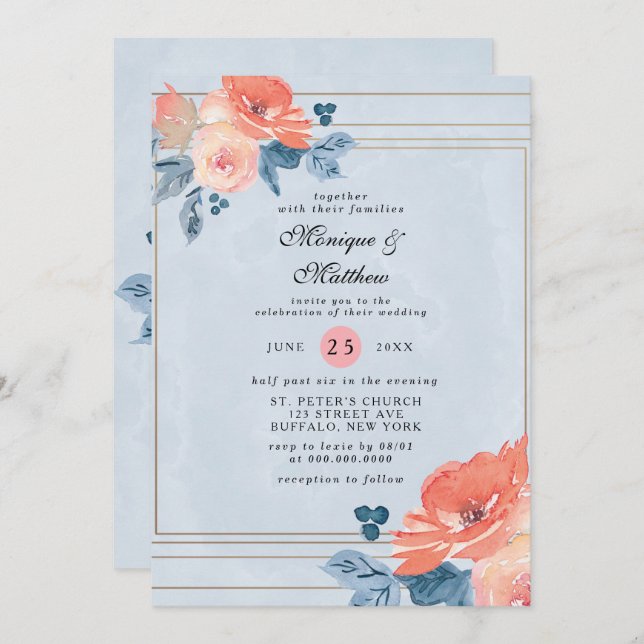Coral and Dusty Blue Floral Geometric Wedding Invitation (Front/Back)
