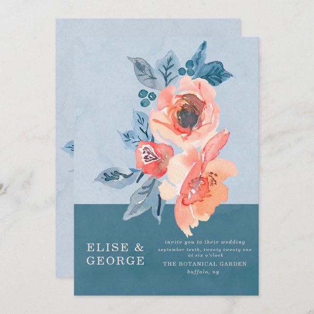 Coral and Dusty Blue Floral Unique Wedding Invitation (Front/Back)